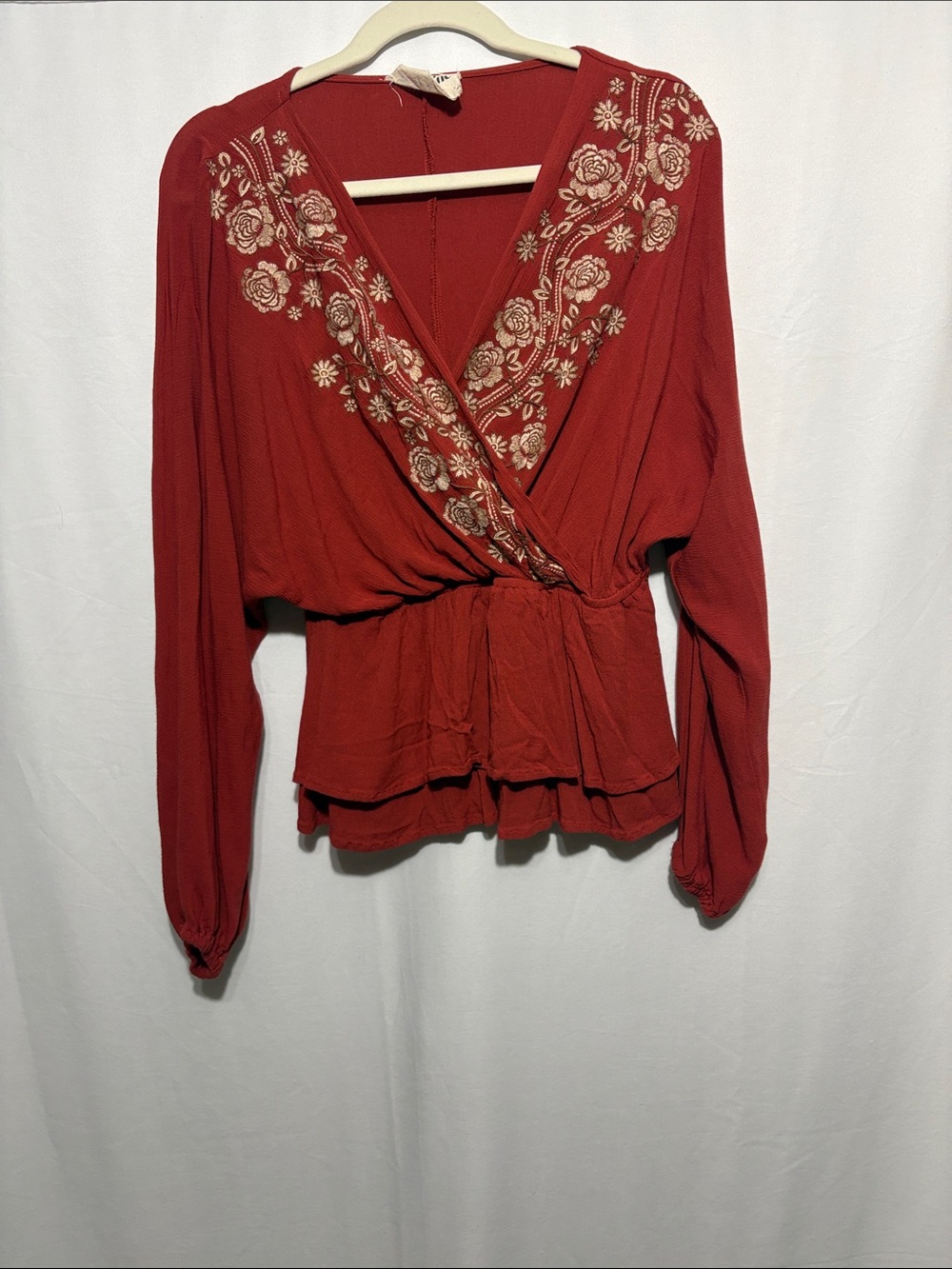 Savanna Jane Rust Red Floral Embroidered Wrap Look Top